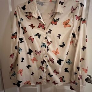 Butterfly Print Button-Up Blouse